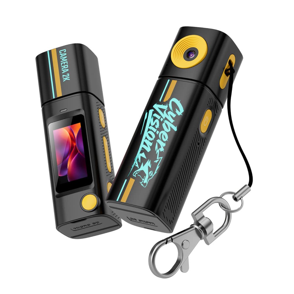 Mini cámara digital G10 modelo Cyber Vision, negra con detalles neón y llavero